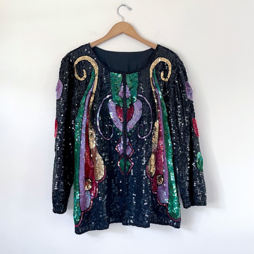 Vintage Silk Maximalist Sequin Jacket Large Black Colorful Dopamine Art Deco